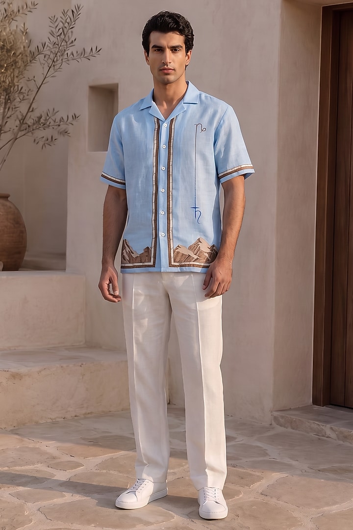 Blue Linen Tencel Capricorn Summer Shirt by Raw & Rustic by Niti Bothra Men at Pernia's Pop Up Shop