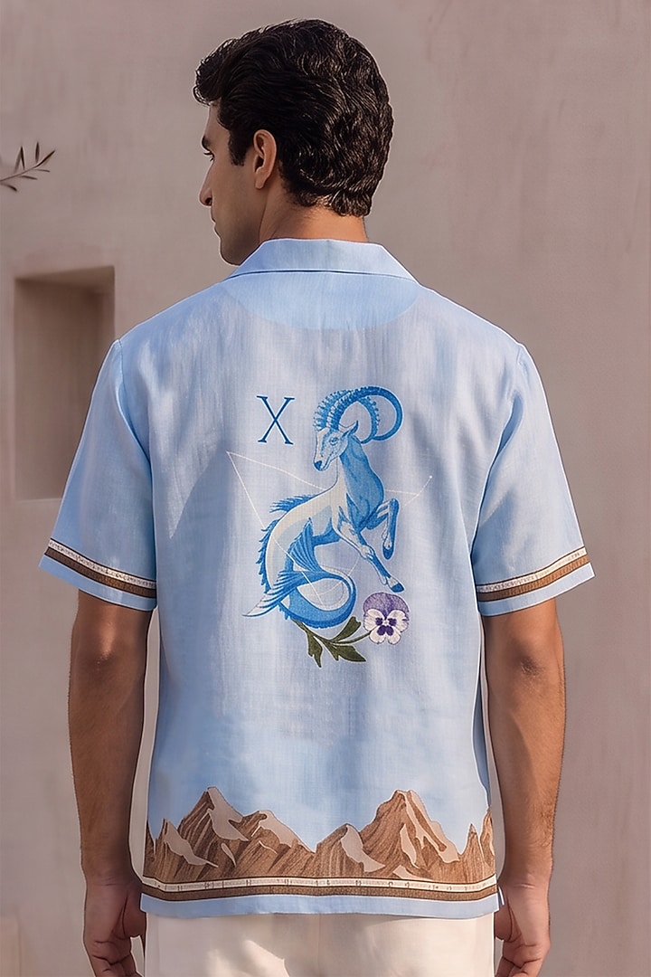 Blue Linen Tencel Capricorn Summer Shirt by Raw & Rustic by Niti Bothra Men at Pernia's Pop Up Shop