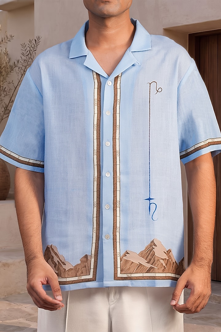 Blue Linen Tencel Capricorn Summer Shirt by Raw & Rustic by Niti Bothra Men at Pernia's Pop Up Shop