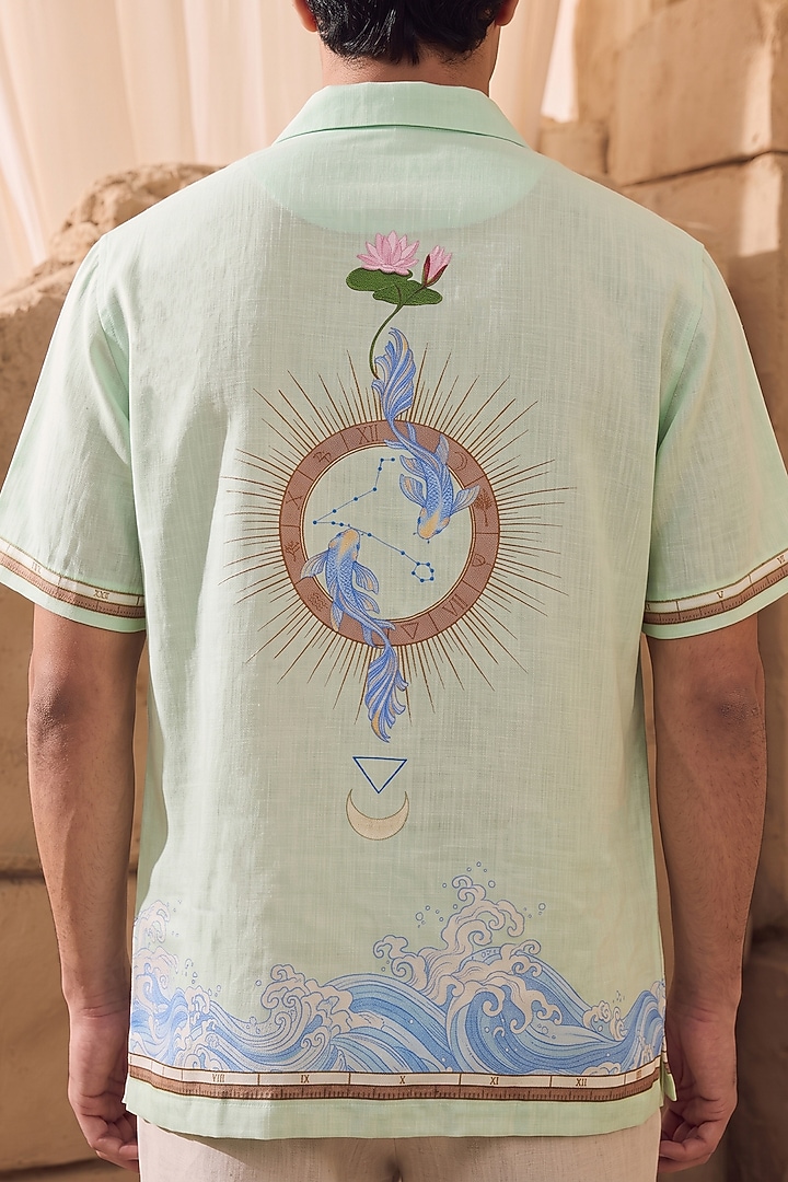 Green Linen Tencel Pisces Summer Shirt by Raw & Rustic by Niti Bothra Men at Pernia's Pop Up Shop