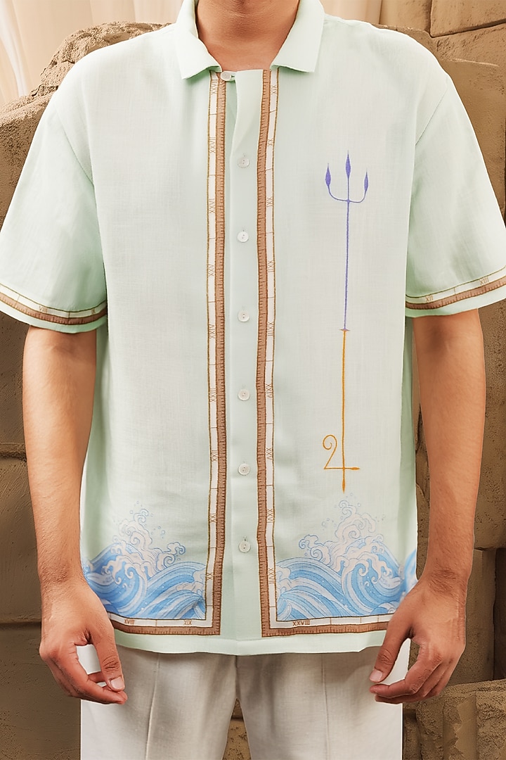 Green Linen Tencel Pisces Summer Shirt by Raw & Rustic by Niti Bothra Men at Pernia's Pop Up Shop