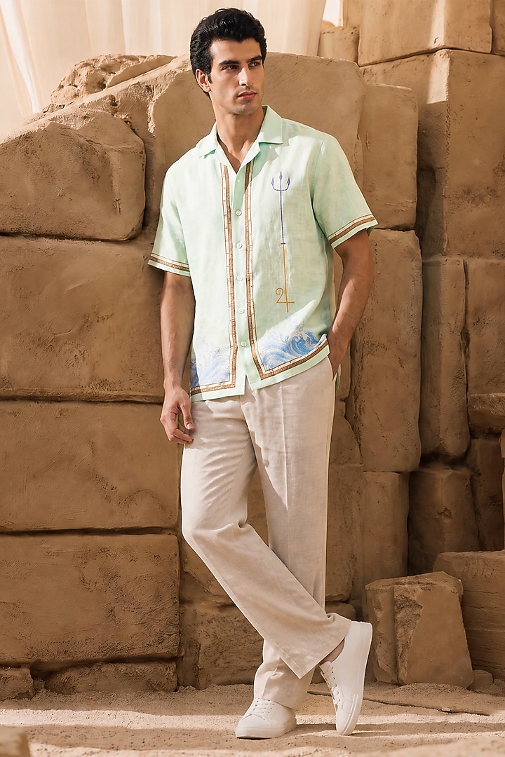 Green Linen Tencel Pisces Summer Shirt by Raw & Rustic by Niti Bothra Men at Pernia's Pop Up Shop