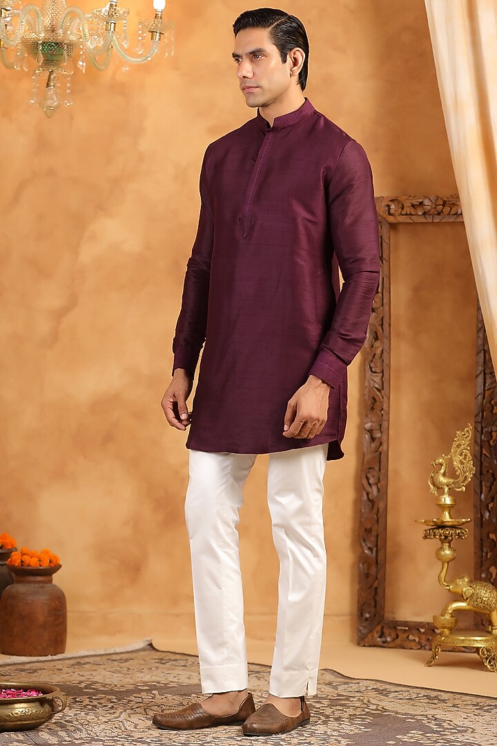 Wine Raw Silk Threadwork Kurta by Raw & Rustic by Niti Bothra Men at Pernia's Pop Up Shop