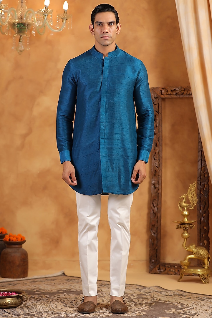 Blue Raw Silk Threadwork Kurta by Raw & Rustic by Niti Bothra at Pernia's Pop Up Shop