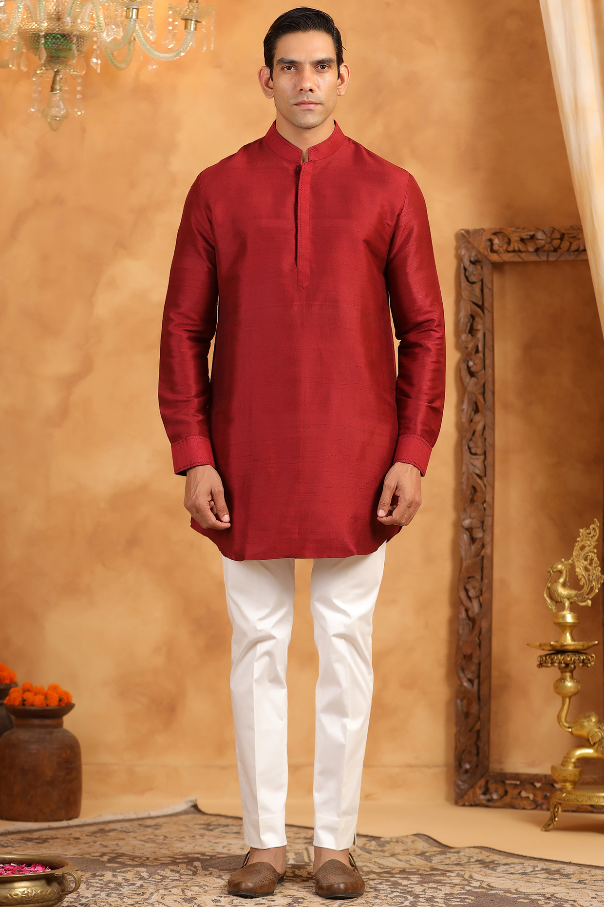 Red Raw Silk Threadwork Kurta by Raw & Rustic by Niti Bothra Men