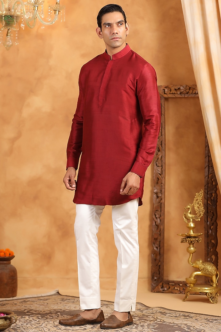 Red Raw Silk Threadwork Kurta by Raw & Rustic by Niti Bothra Men at Pernia's Pop Up Shop
