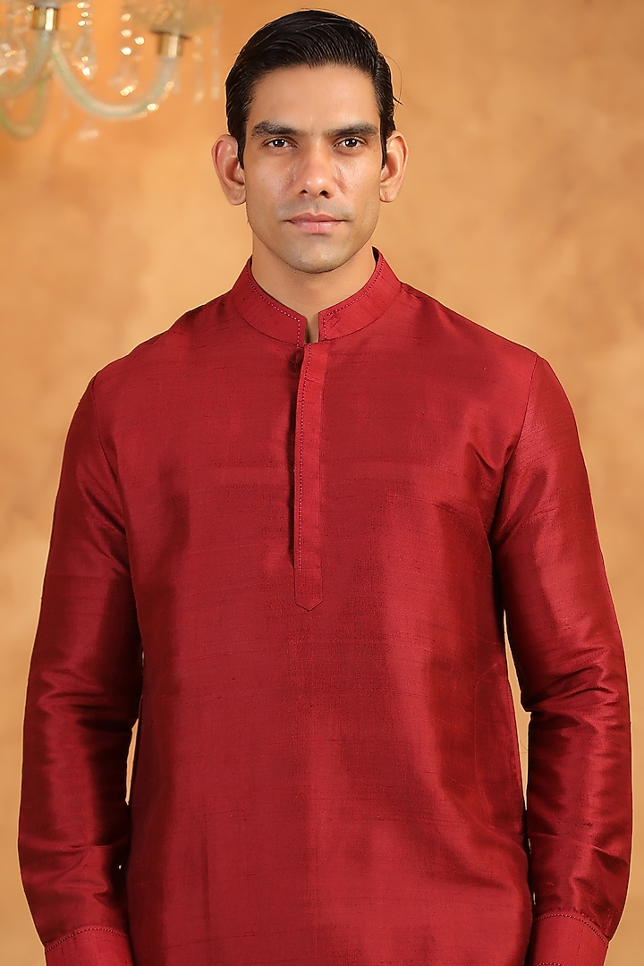 Red Raw Silk Threadwork Kurta by Raw & Rustic by Niti Bothra Men at Pernia's Pop Up Shop