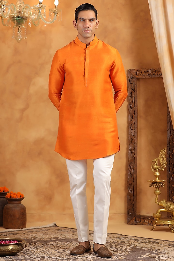Orange Raw Silk Threadwork Kurta by Raw & Rustic by Niti Bothra Men