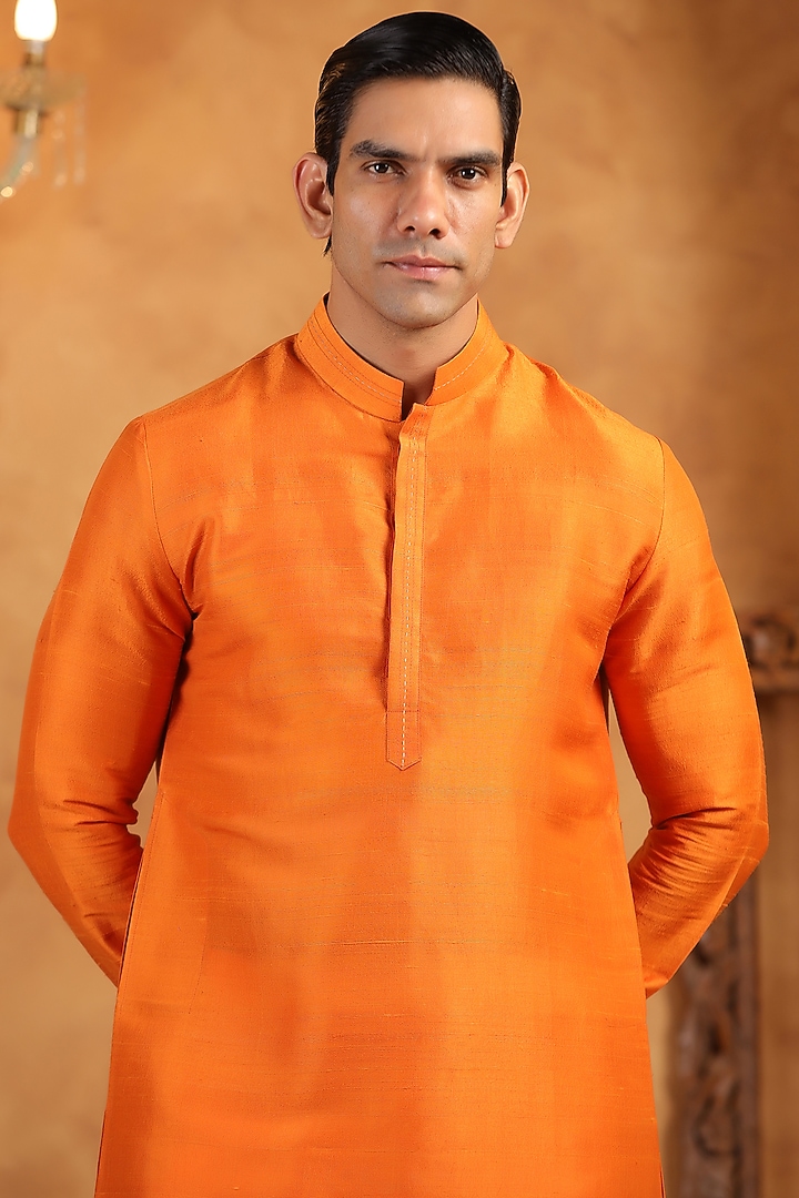 Orange Raw Silk Threadwork Kurta by Raw & Rustic by Niti Bothra Men at Pernia's Pop Up Shop