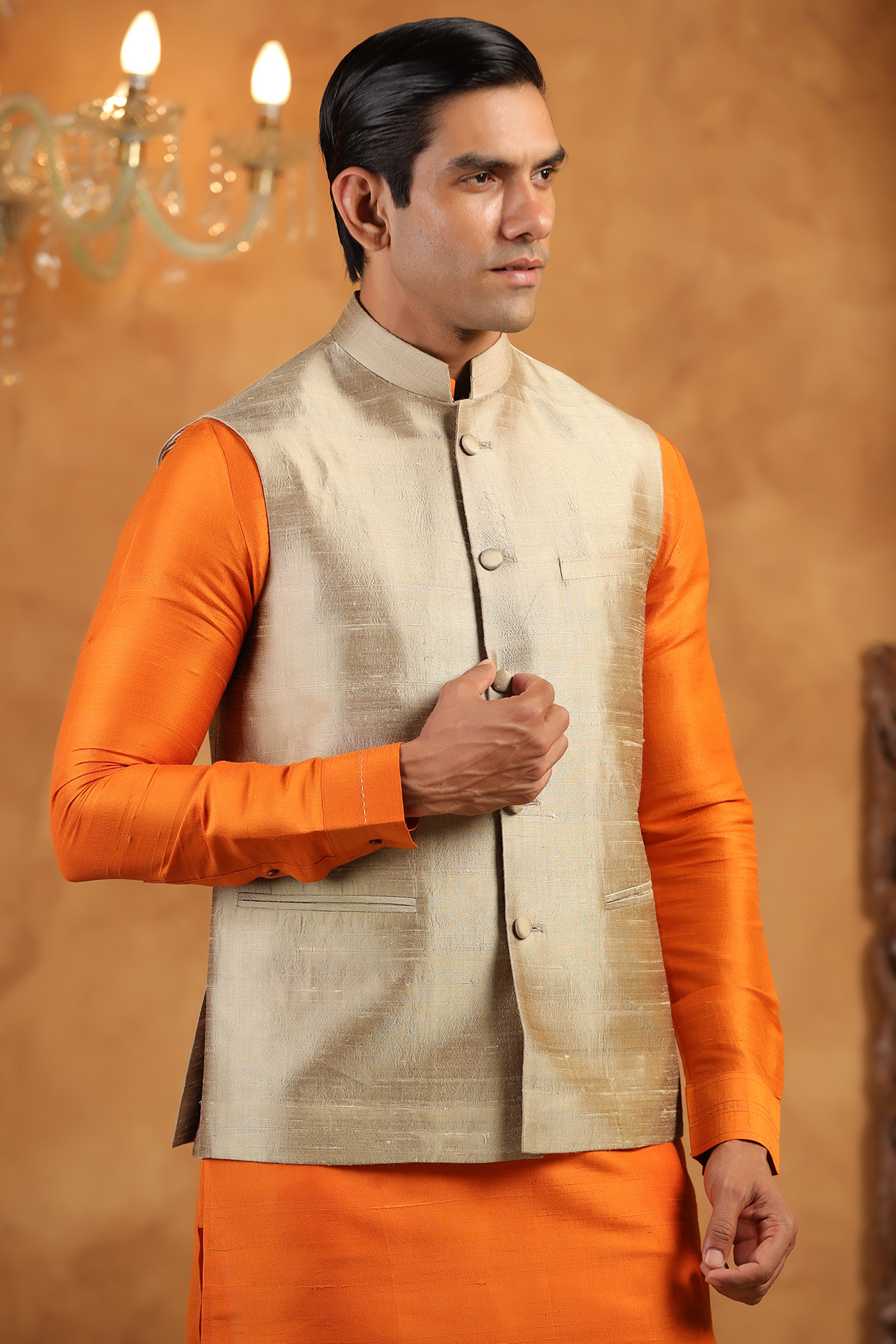 Gold Raw Silk Threadwork Bundi Jacket by Raw & Rustic by Niti Bothra Men at Pernia's Pop Up Shop