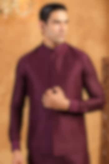 Wine Raw Silk Threadwork Bundi Jacket by Raw & Rustic by Niti Bothra Men