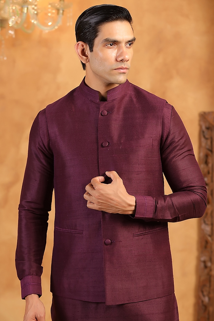 Wine Raw Silk Threadwork Bundi Jacket by Raw & Rustic by Niti Bothra Men