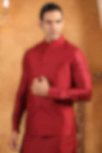 Red Raw Silk Threadwork Bundi Jacket by Raw & Rustic by Niti Bothra Men