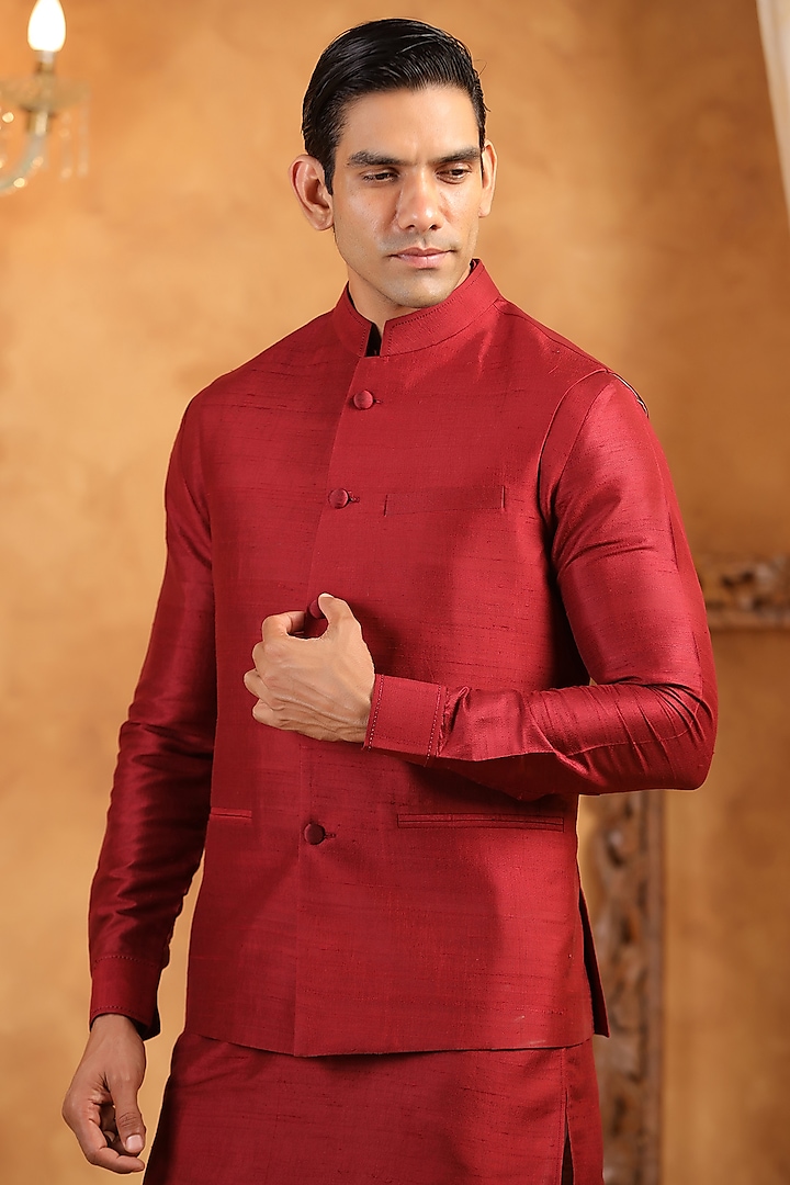 Red Raw Silk Threadwork Bundi Jacket by Raw & Rustic by Niti Bothra Men