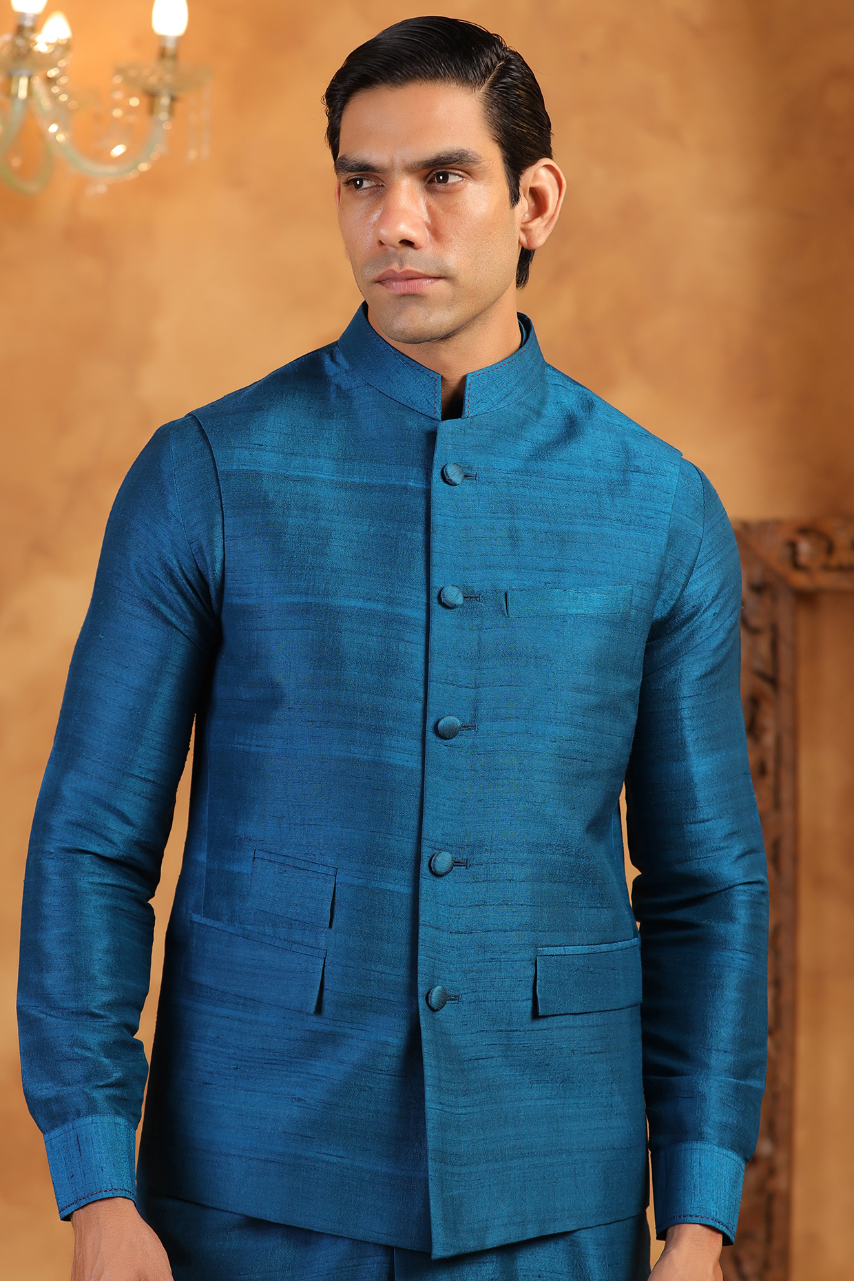 Blue Raw Silk Threadwork Bundi Jacket by Raw & Rustic by Niti Bothra at Pernia's Pop Up Shop