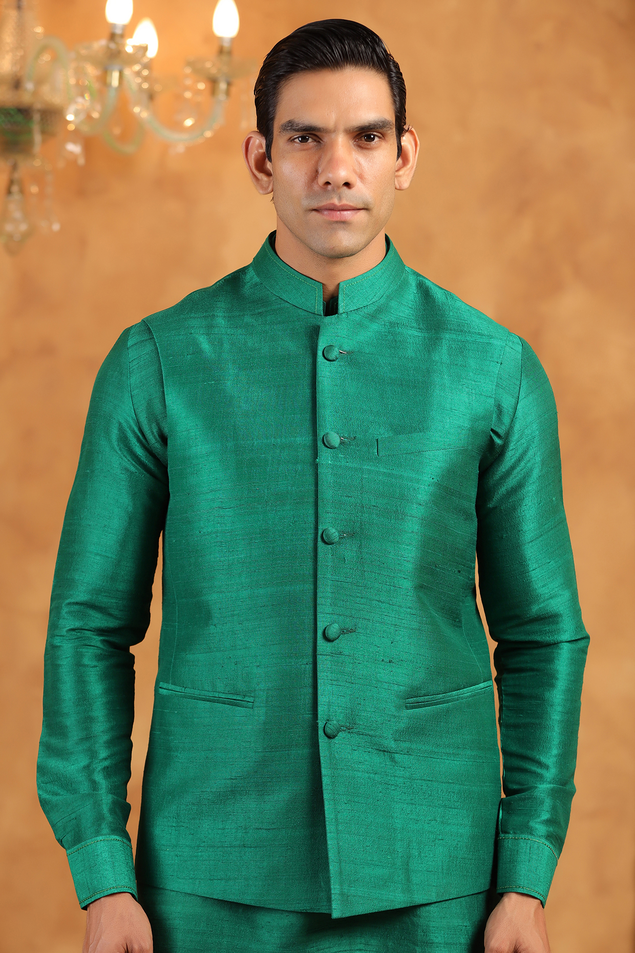 Green Raw Silk Threadwork Bundi Jacket by Raw & Rustic by Niti Bothra at Pernia's Pop Up Shop