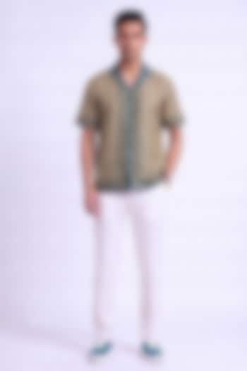 Teal Banarasi Silk Chanderi Handcrafted Summer Shirt by Raw & Rustic by Niti Bothra Men at Pernia's Pop Up Shop