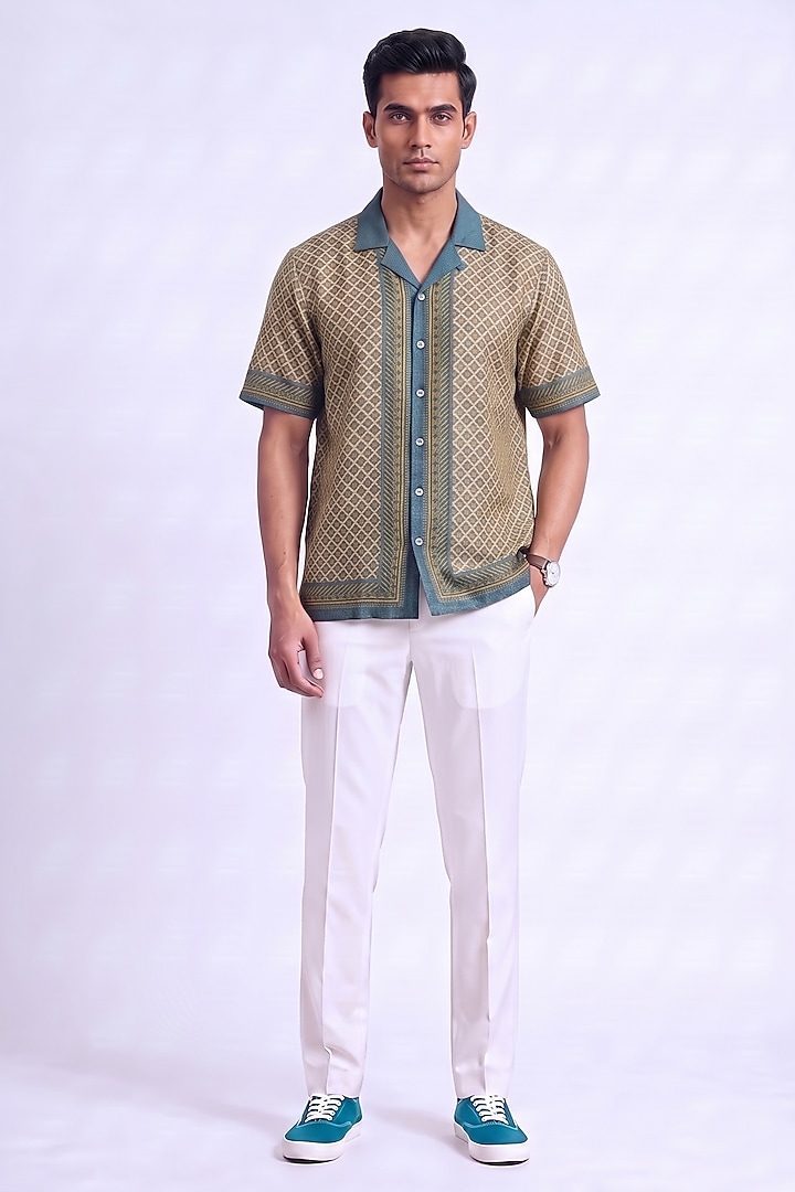 Teal Banarasi Silk Chanderi Handcrafted Summer Shirt by Raw & Rustic by Niti Bothra Men at Pernia's Pop Up Shop