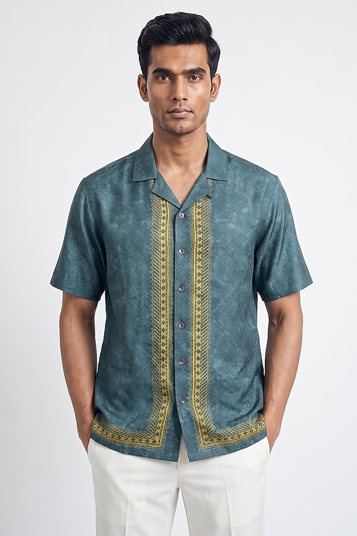 Teal Banarasi Silk Chanderi Handcrafted Summer Shirt by Raw & Rustic by Niti Bothra Men at Pernia's Pop Up Shop