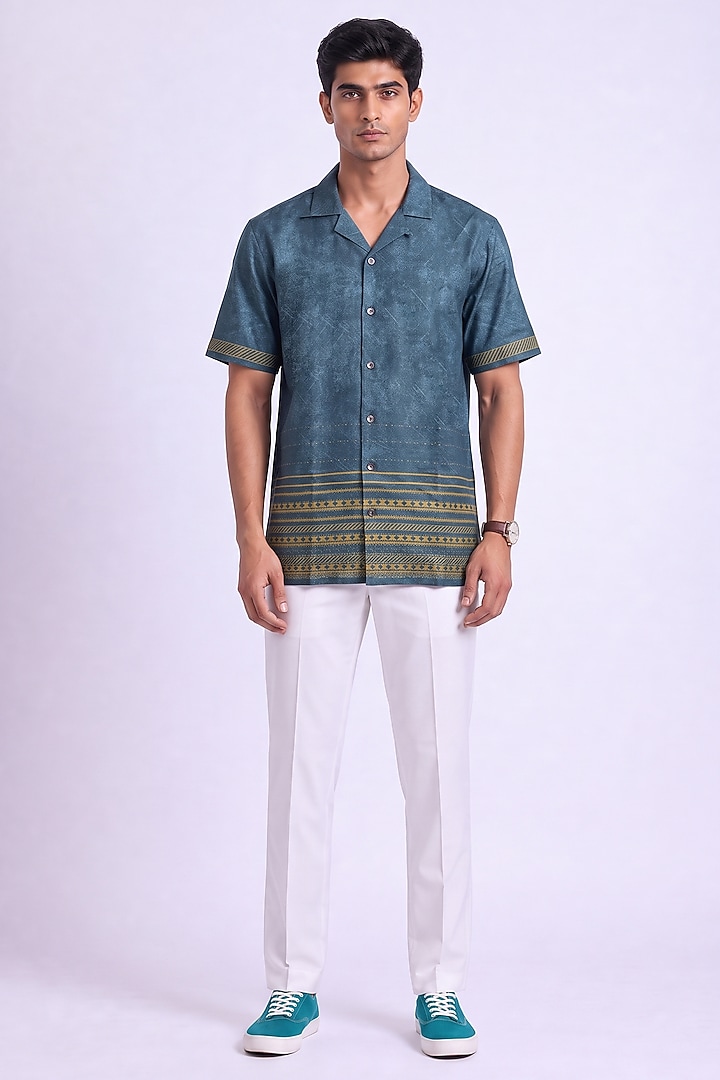 Teal Banarasi Silk Chanderi Handcrafted Summer Shirt by Raw & Rustic by Niti Bothra Men at Pernia's Pop Up Shop