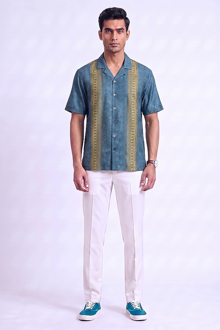 Teal Banarasi Silk Chanderi Handcrafted Summer Shirt by Raw & Rustic by Niti Bothra Men at Pernia's Pop Up Shop