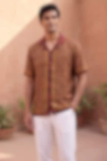 Maroon Banarasi Silk Chanderi Handcrafted Summer Shirt by Raw & Rustic by Niti Bothra Men at Pernia's Pop Up Shop