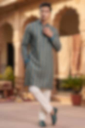 Teal Banarasi Silk Chanderi Handcrafted Kurta by Raw & Rustic by Niti Bothra Men at Pernia's Pop Up Shop
