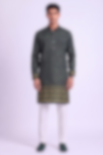 Olive Green Banarasi Silk Chanderi Handcrafted Kurta by Raw & Rustic by Niti Bothra Men at Pernia's Pop Up Shop