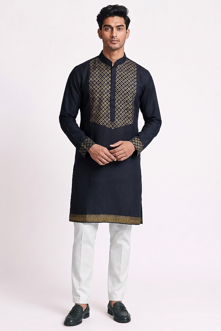 Black Banarasi Silk Chanderi Handcrafted Kurta by Raw & Rustic by Niti Bothra Men at Pernia's Pop Up Shop
