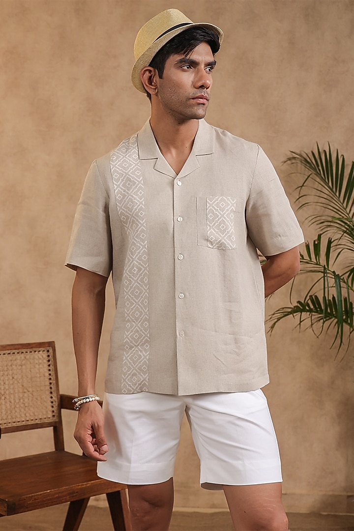 Beige Pure Linen Hawaiian Summer Shirt by Raw & Rustic by Niti Bothra Men at Pernia's Pop Up Shop