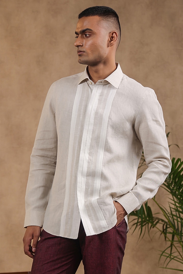 Beige Pure Linen Party Wear Shirt by Raw & Rustic by Niti Bothra Men at Pernia's Pop Up Shop
