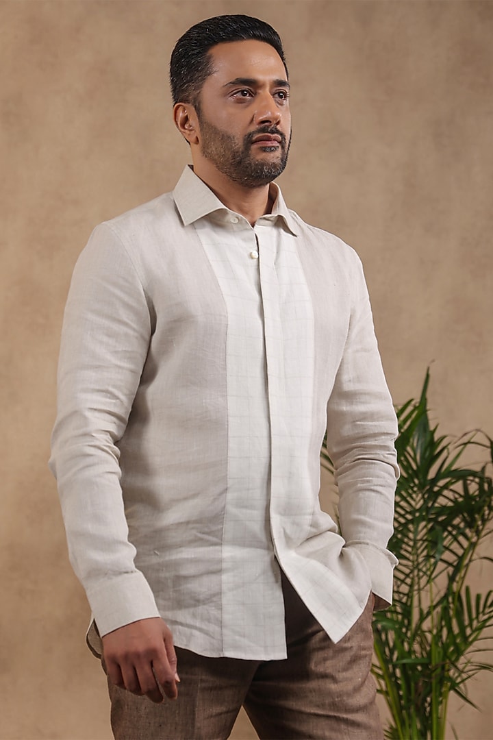 Beige Pure Linen Party Wear Shirt by Raw & Rustic by Niti Bothra Men at Pernia's Pop Up Shop