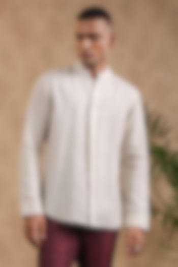Beige Pure Linen Party Wear Shirt by Raw & Rustic by Niti Bothra Men at Pernia's Pop Up Shop