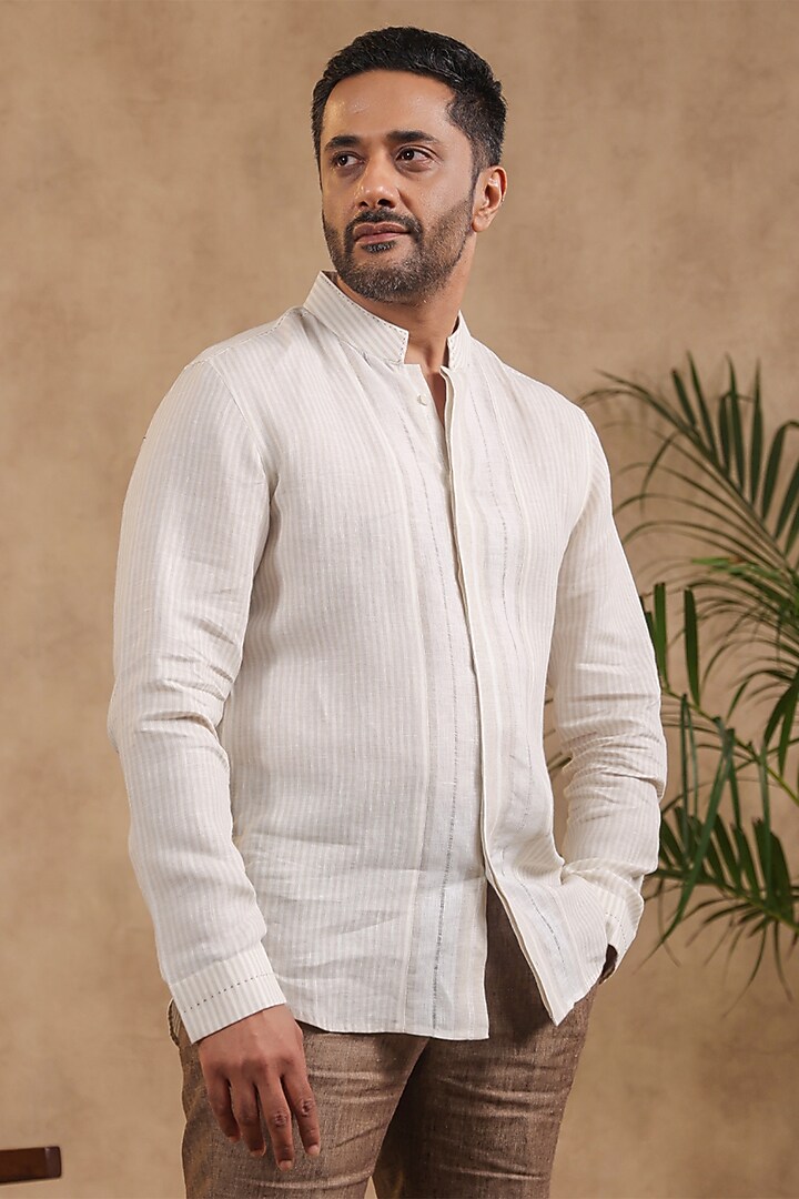 Beige Pure Linen Party Wear Shirt by Raw & Rustic by Niti Bothra Men at Pernia's Pop Up Shop