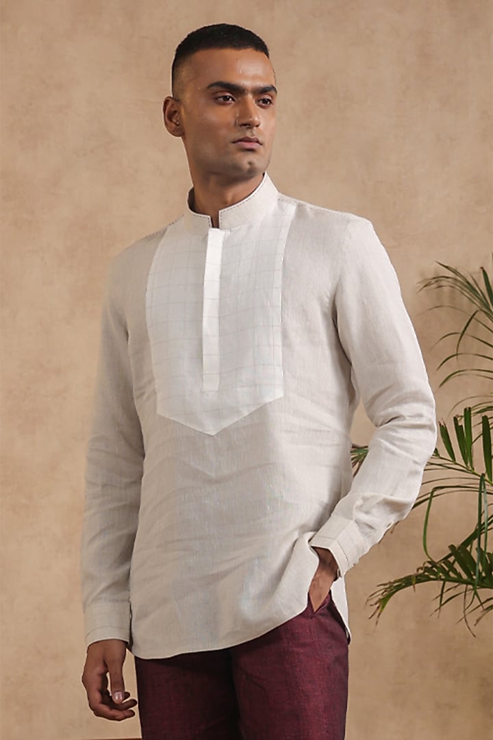 Beige Pure Linen Kurta Party Wear Shirt by Raw & Rustic by Niti Bothra Men at Pernia's Pop Up Shop