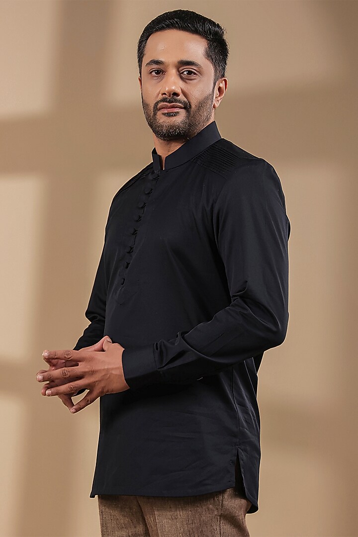Black Supima Cotton Kurta Party Wear Shirt by Raw & Rustic by Niti Bothra Men at Pernia's Pop Up Shop