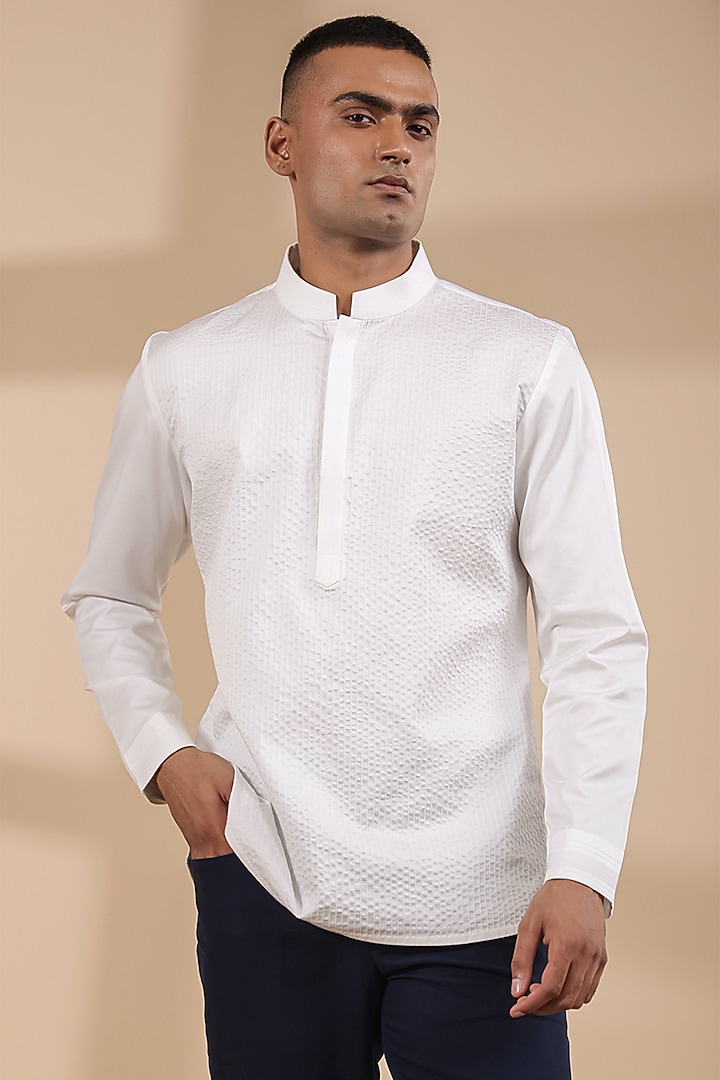 White Supima Cotton Kurta Party Wear Shirt by Raw & Rustic by Niti Bothra Men at Pernia's Pop Up Shop