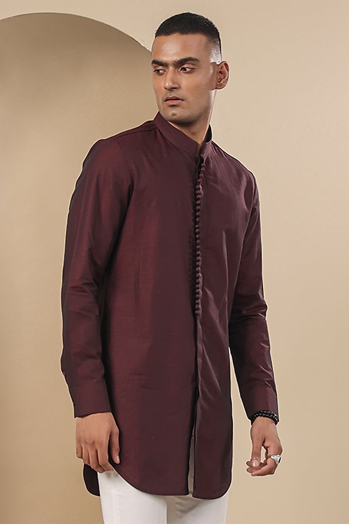 Wine Banarasi Silk Chanderi Kurta by Raw & Rustic by Niti Bothra Men