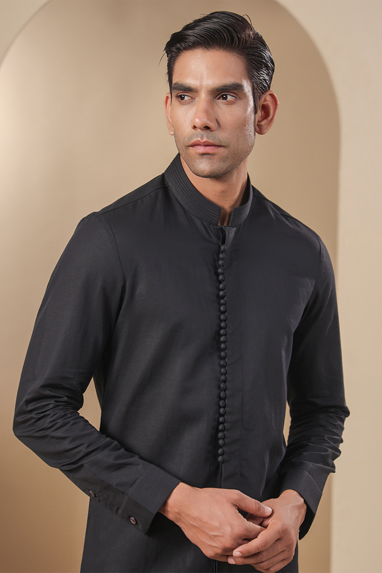 Black Banarasi Silk Chanderi Kurta by Raw & Rustic by Niti Bothra Men