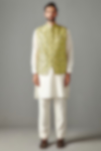 Yellow Bundi Jacket With Kurta Set by Rabani & Rakha Men