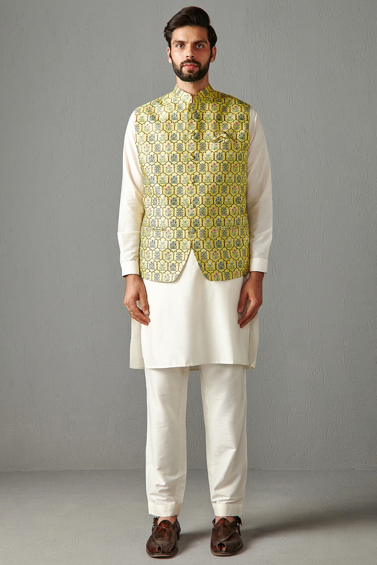 Rabani & Rakha Yellow Silk Bundi Jacket