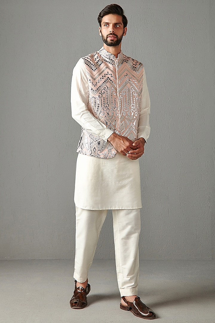 Blush Pink Georgette Bundi Jacket by Rabani & Rakha Men at Pernia's Pop Up Shop
