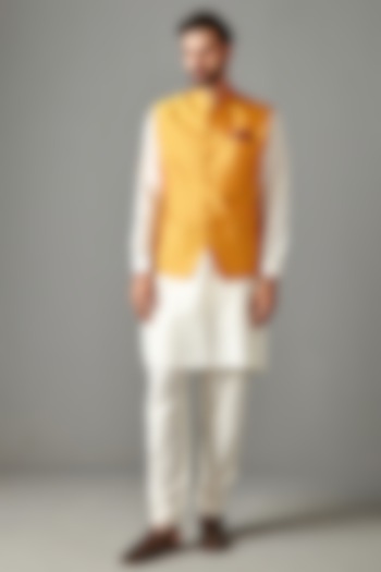 Yellow Silk Bundi Jacket With Kurta Set by Rabani & Rakha Men