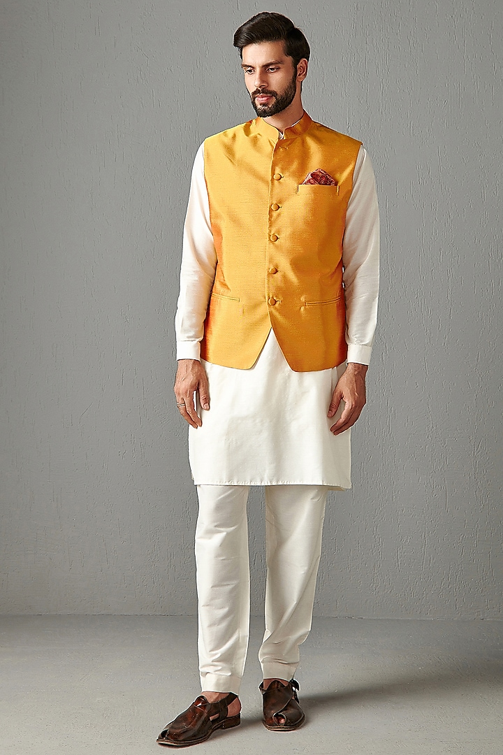 Yellow Silk Bundi Jacket With Kurta Set by Rabani & Rakha Men