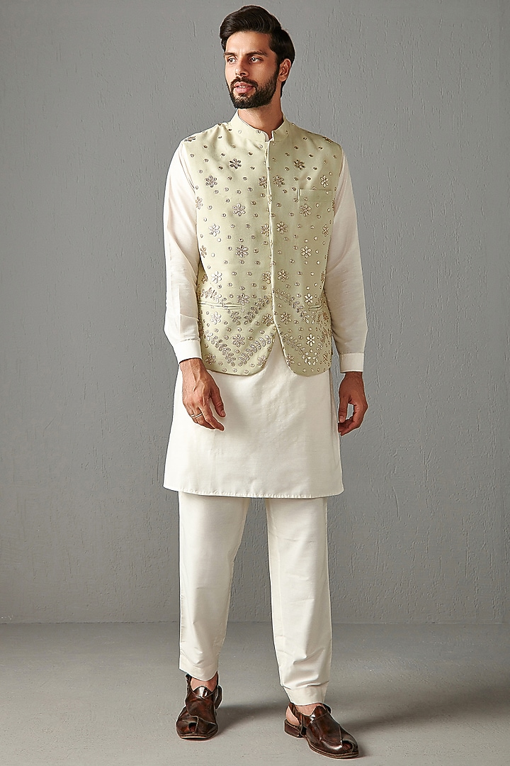 Sage Green Georgette Bundi Jacket by Rabani & Rakha Men at Pernia's Pop Up Shop