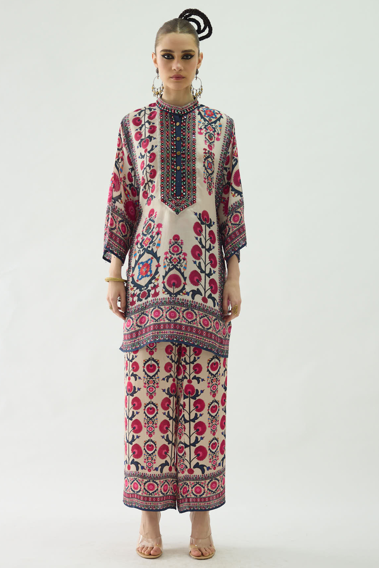 Raspberry Modal Satin Printed Pants by Rajdeep Ranawat at Pernia's Pop Up Shop
