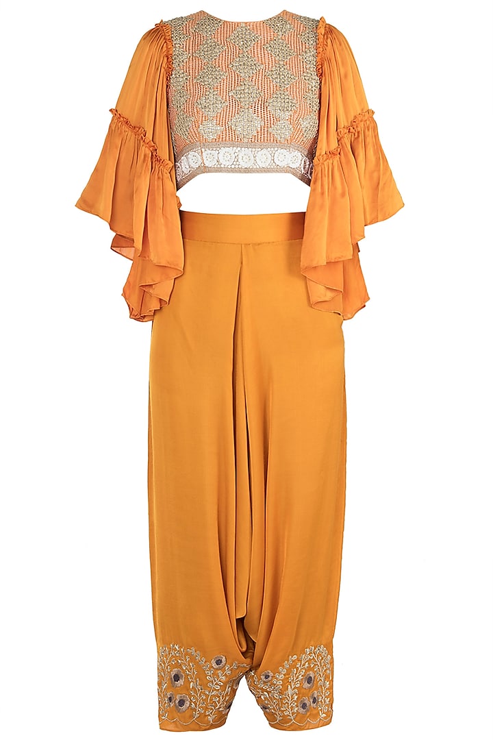 Orange Embroidered Crop Top And Pants by Rriso