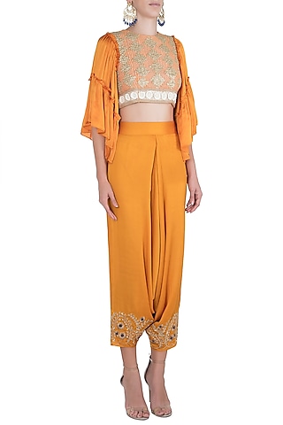 Orange Embroidered Crop Top And Pants by Rriso