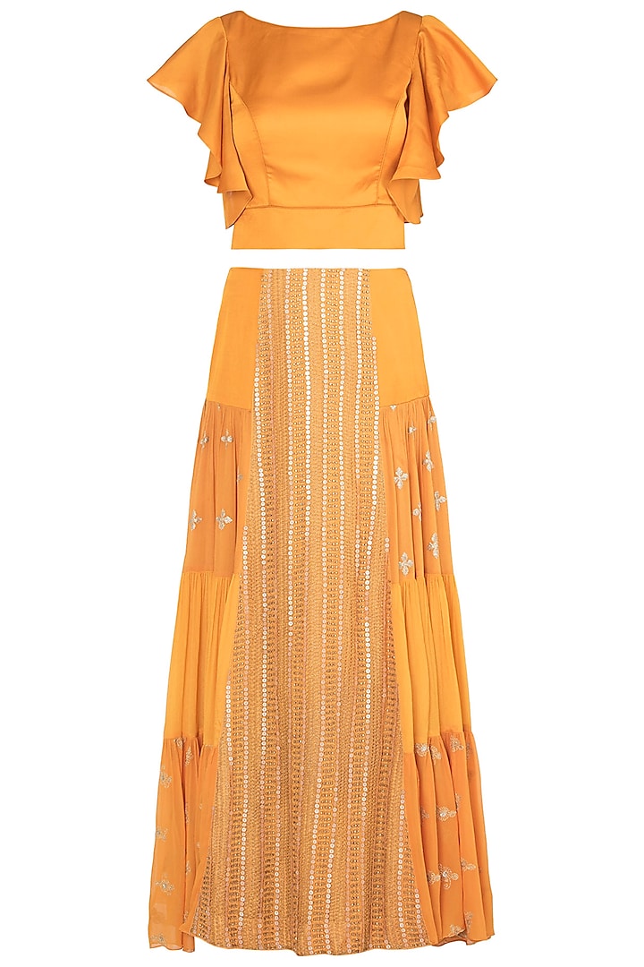 Orange embroidered lehenga set available only at Pernia's Pop Up Shop.