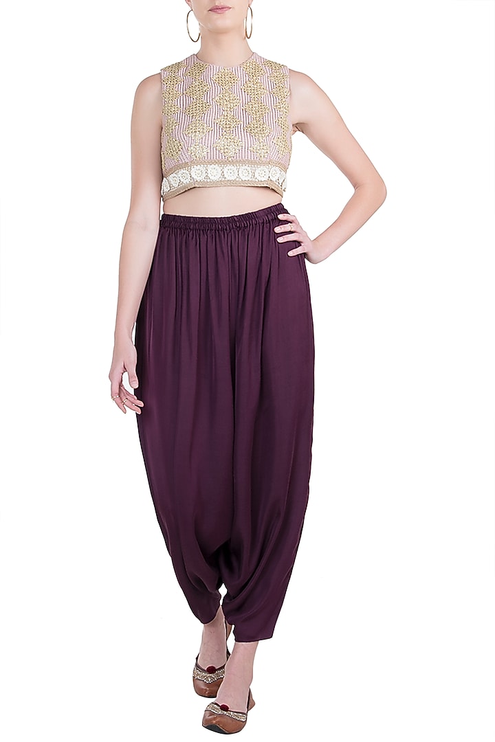 Pink embroidered crop top with dhoti pants available only at Pernia's Pop Up Shop.